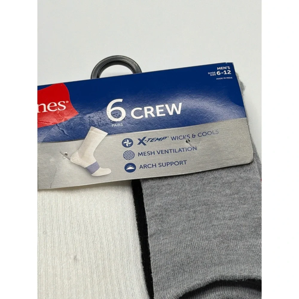 Hanes Mens 6‎ Pack Crew Socks X Temp Wicks Cools Arch Support Shoe Size 6-12